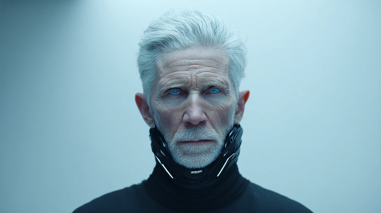 Elderly man in futuristic cyber suit on spaceship bridge