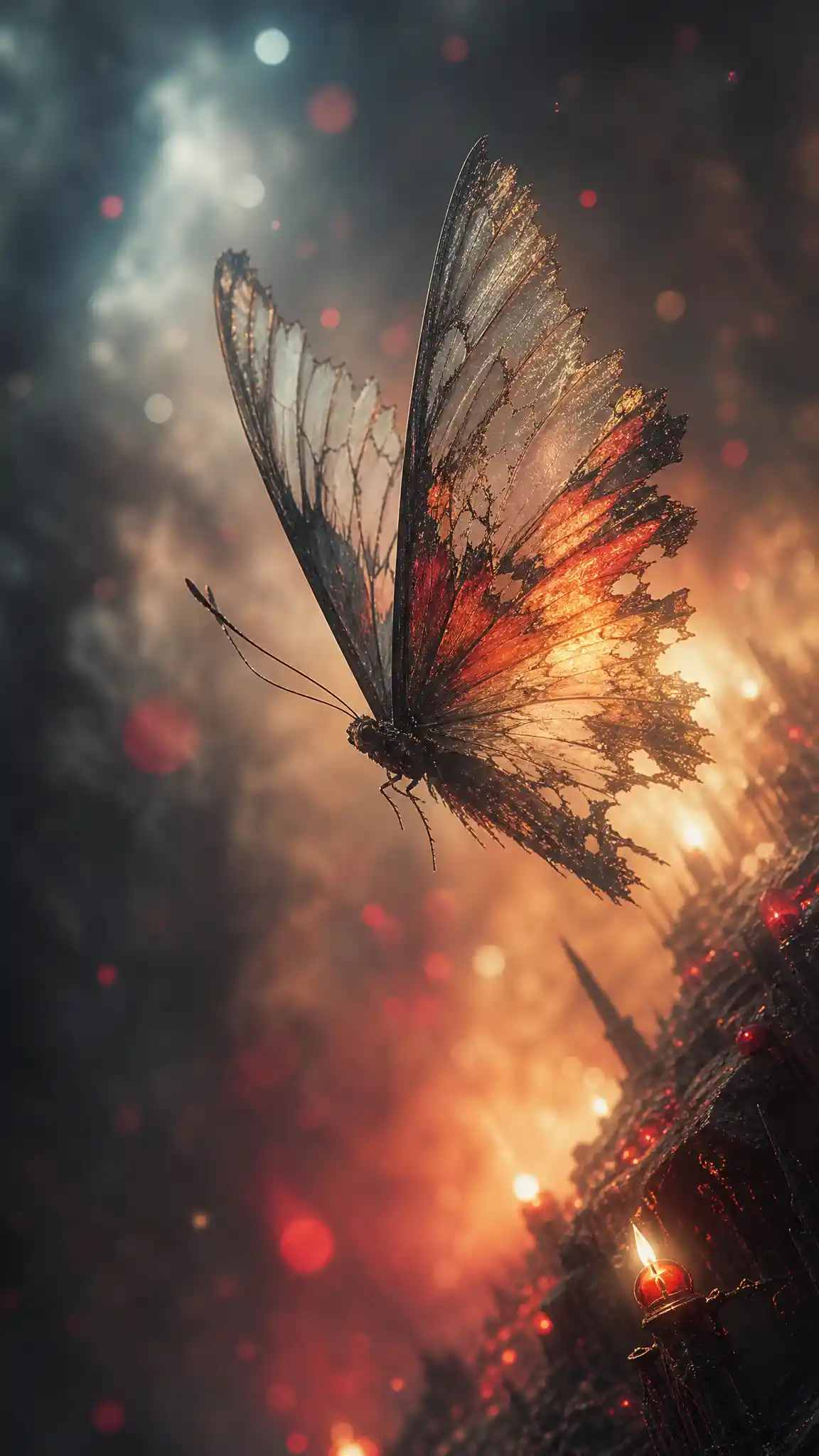 Farfalla lacerata e translucida che si alza in un cielo scuro surreale