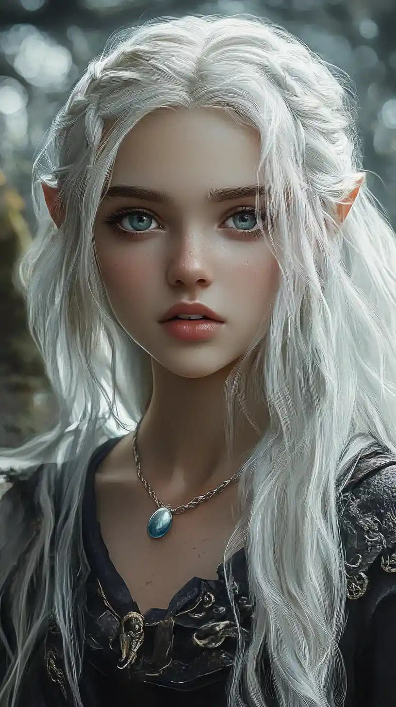 White haired elf girl in dark warrior attire portrait