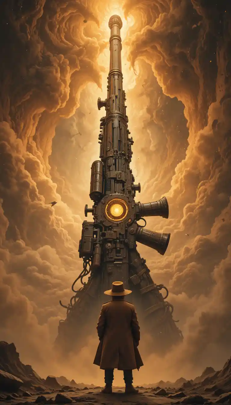 Man gazing up at massive ancient rifle with glowing core