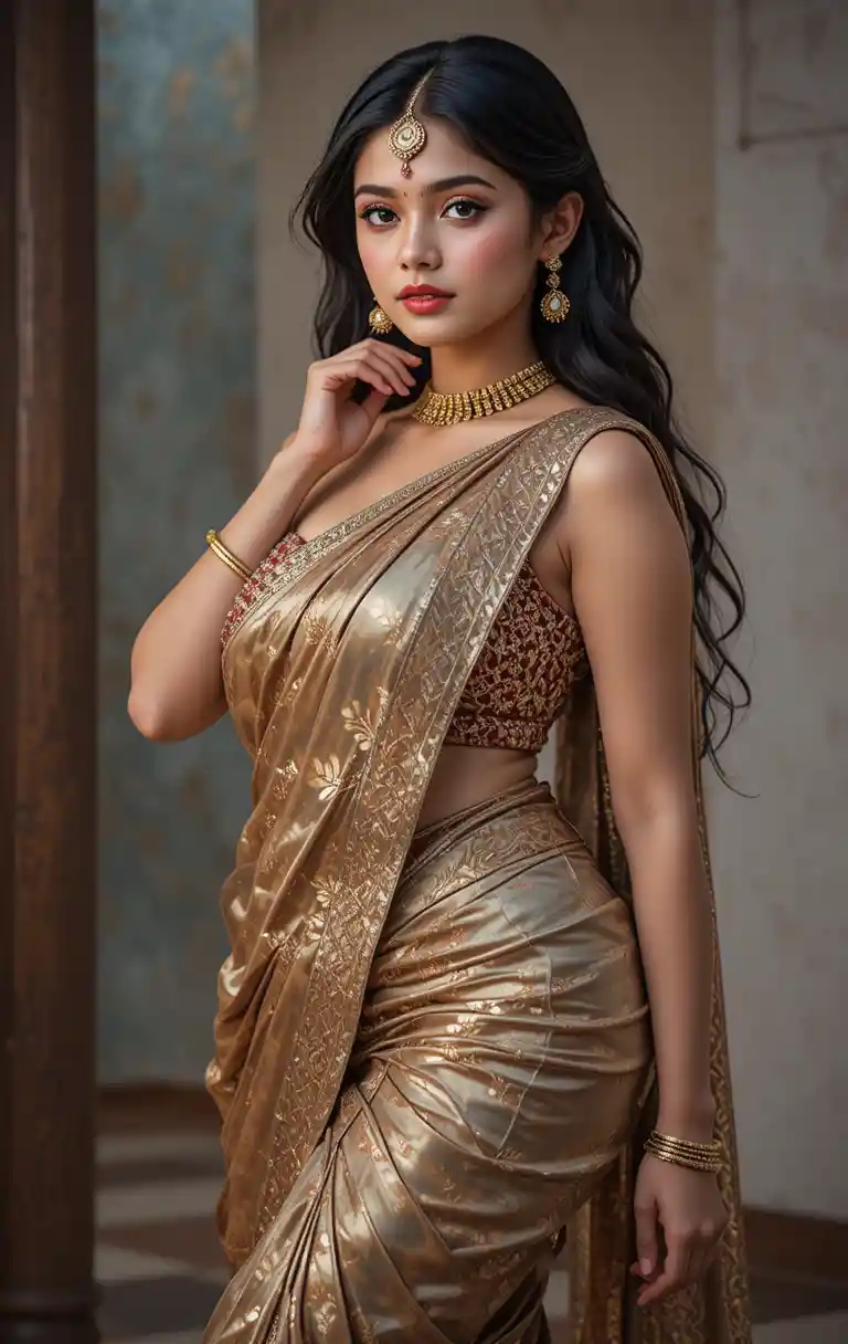 Full body woman in saree with exposed navel pose