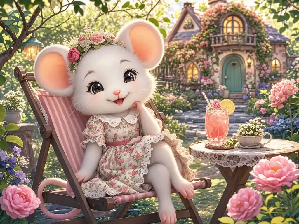 Cute white mouse relaxing in a floral garden deckchair