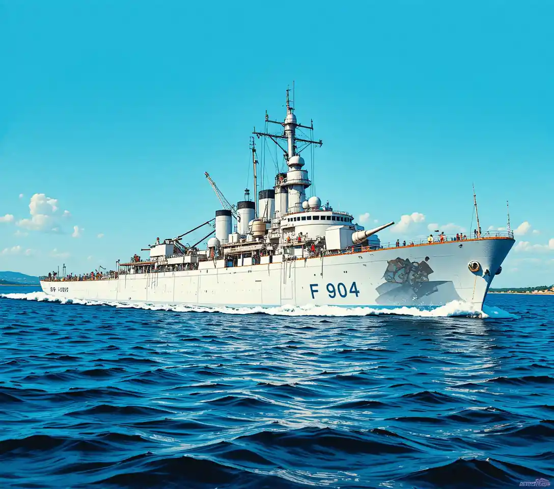White warship marked F 904 sailing on calm blue water