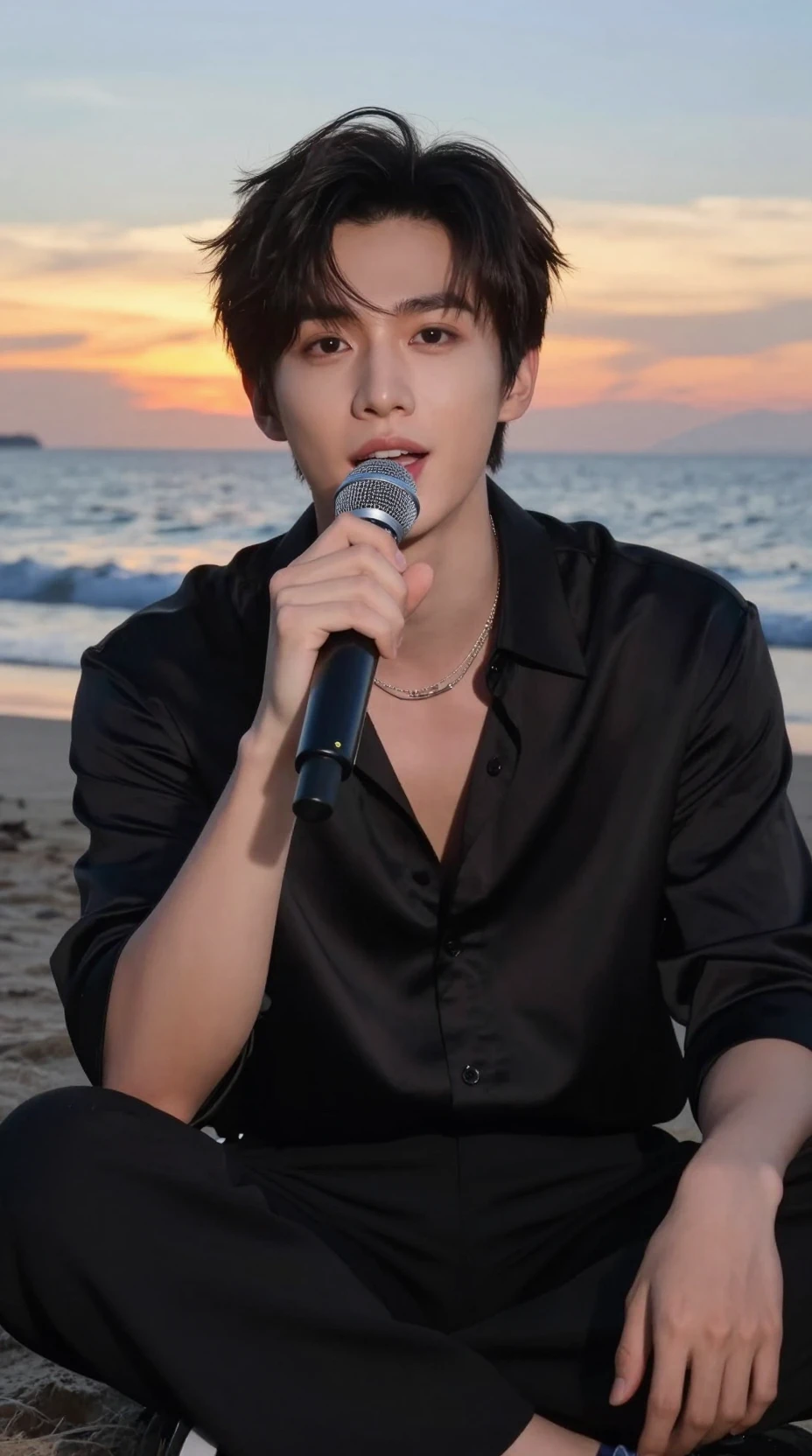 Young asian man singing on the beach at sunset