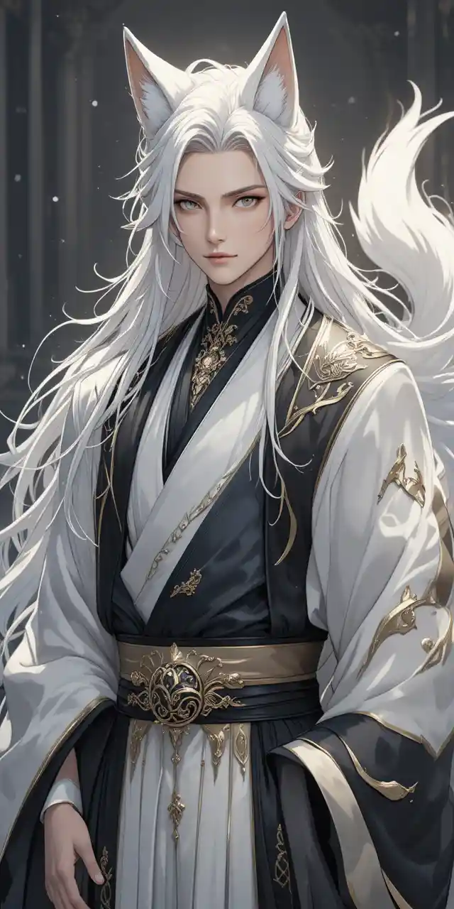Elegant fox spirit man with nine luminous tails