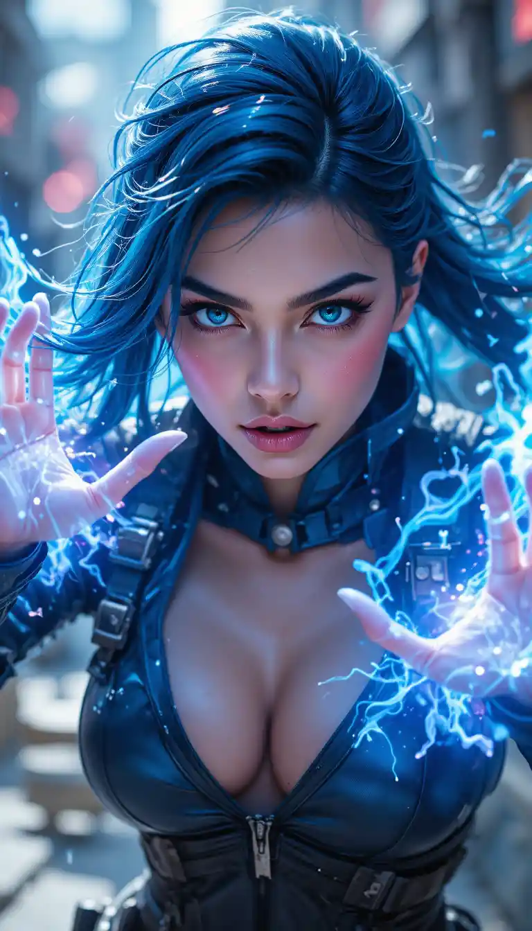 Electric haired female hero unleashing glowing energy powers
