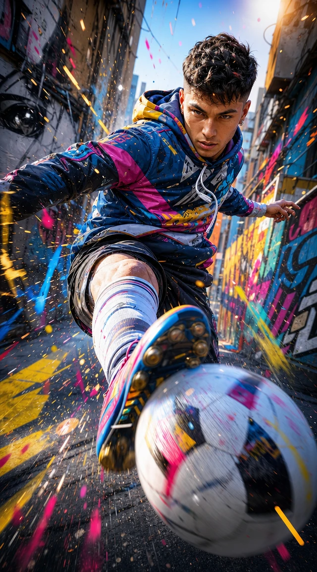 Dynamic soccer player kicking toward camera in urban alley