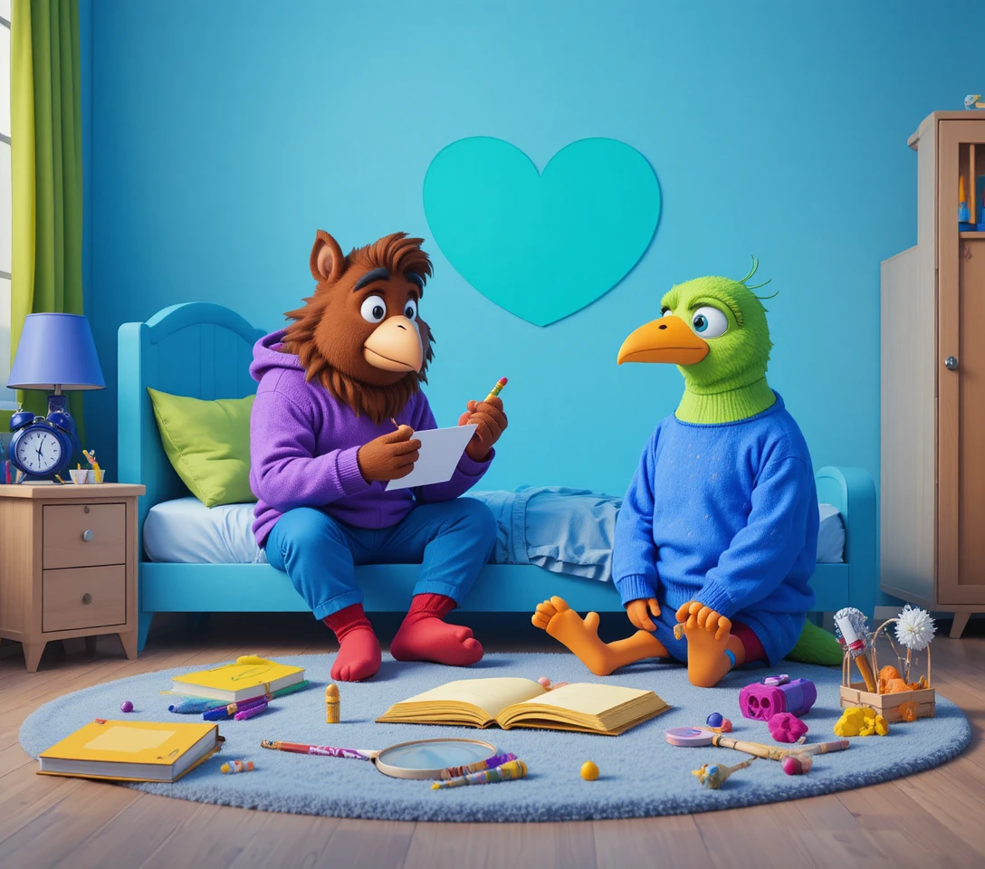 Anthropomorphic bear and bird on a bed in a bedroom