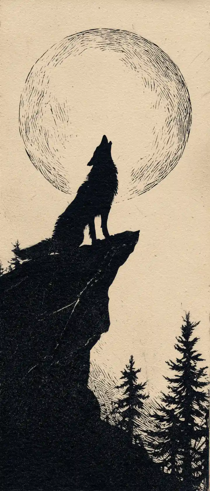 Lone wolf howling from a rocky cliff against full moon