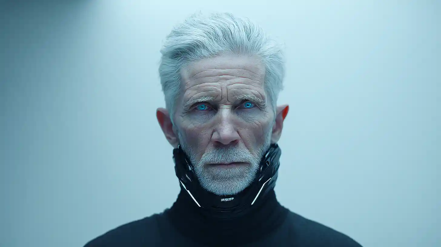 Elderly man in futuristic cyber suit on spaceship bridge