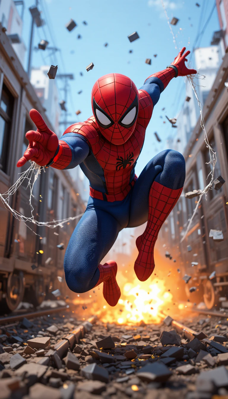 Spider hero saving passengers on a speeding train