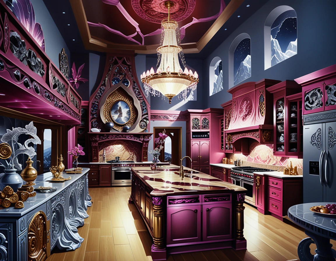 Mystical mountain kitchen with crystals and carved dark wood