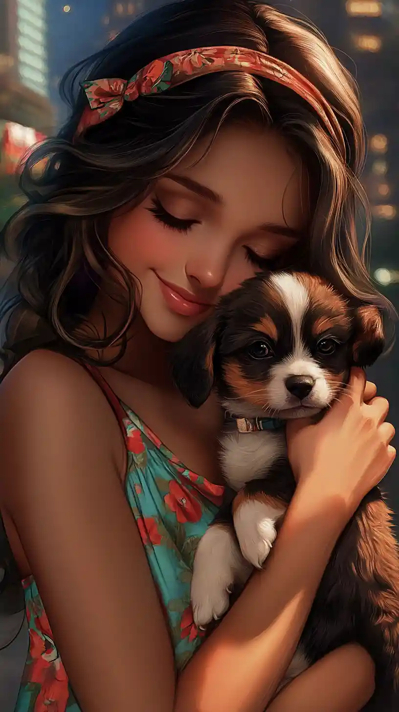 Anime girl hugging a puppy with a distant city skyline