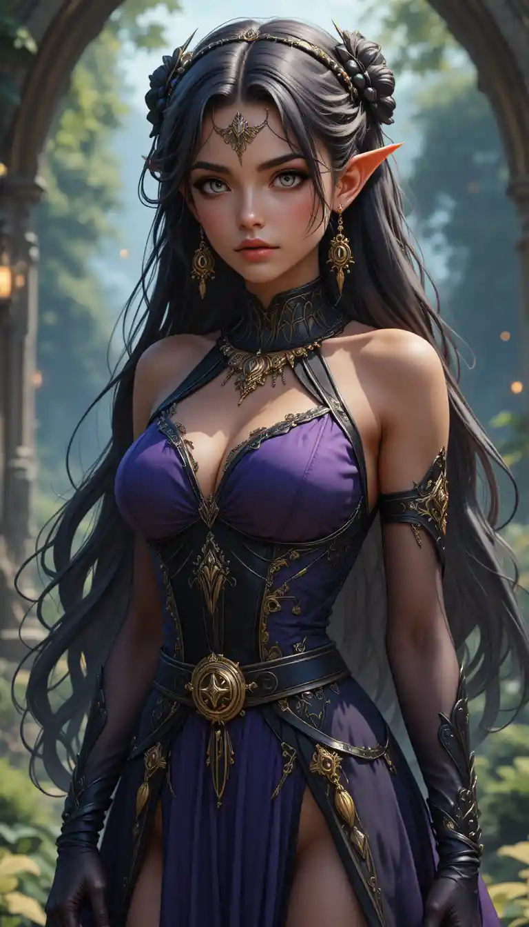Elegant anime witch woman in a modern violet robe