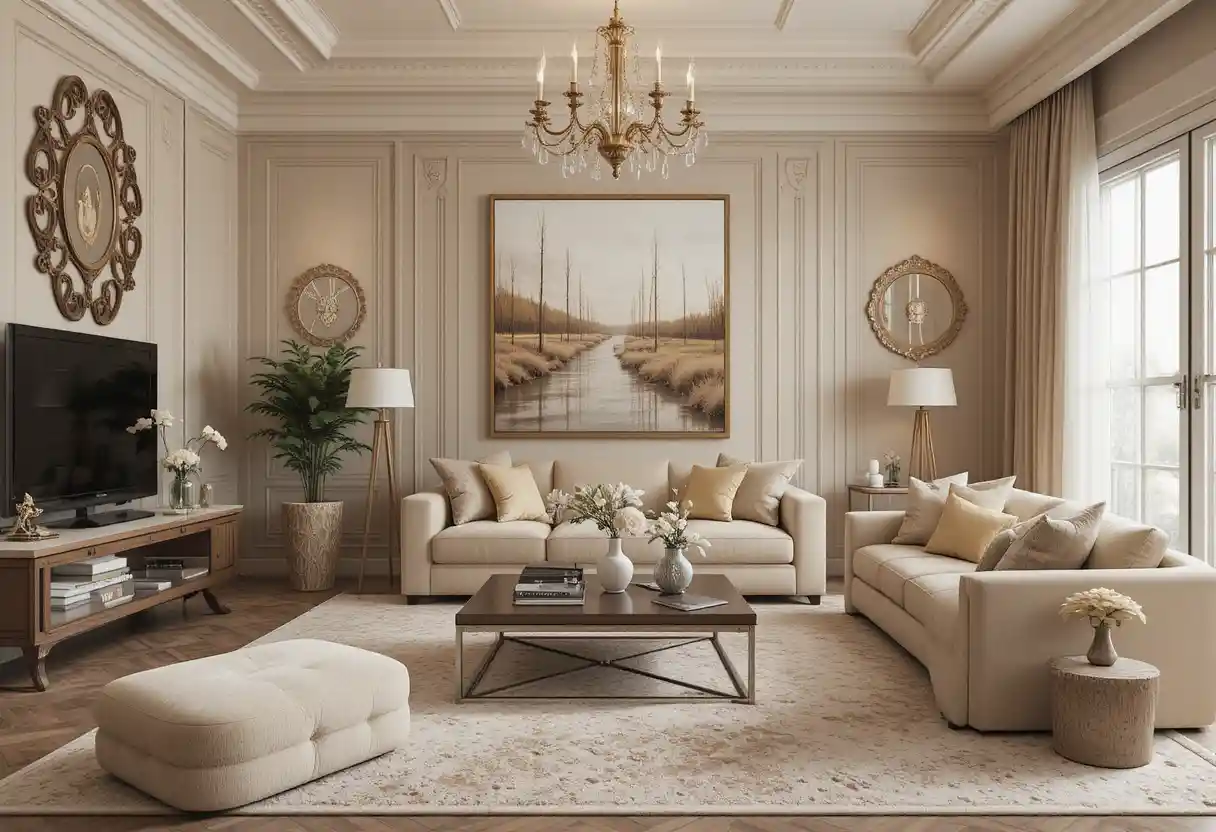 Bohemian style living room with elegant beige accents