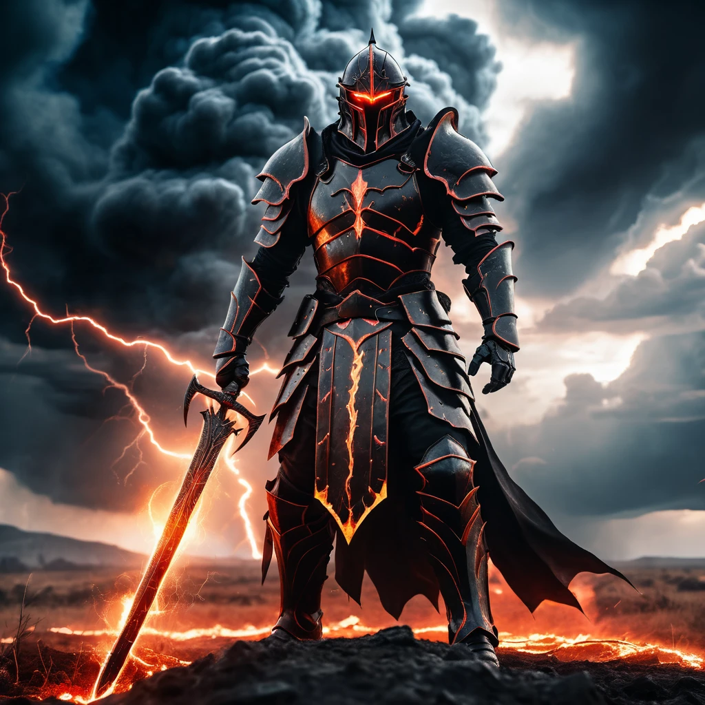 Dark armored warrior in a burning fantasy battlefield