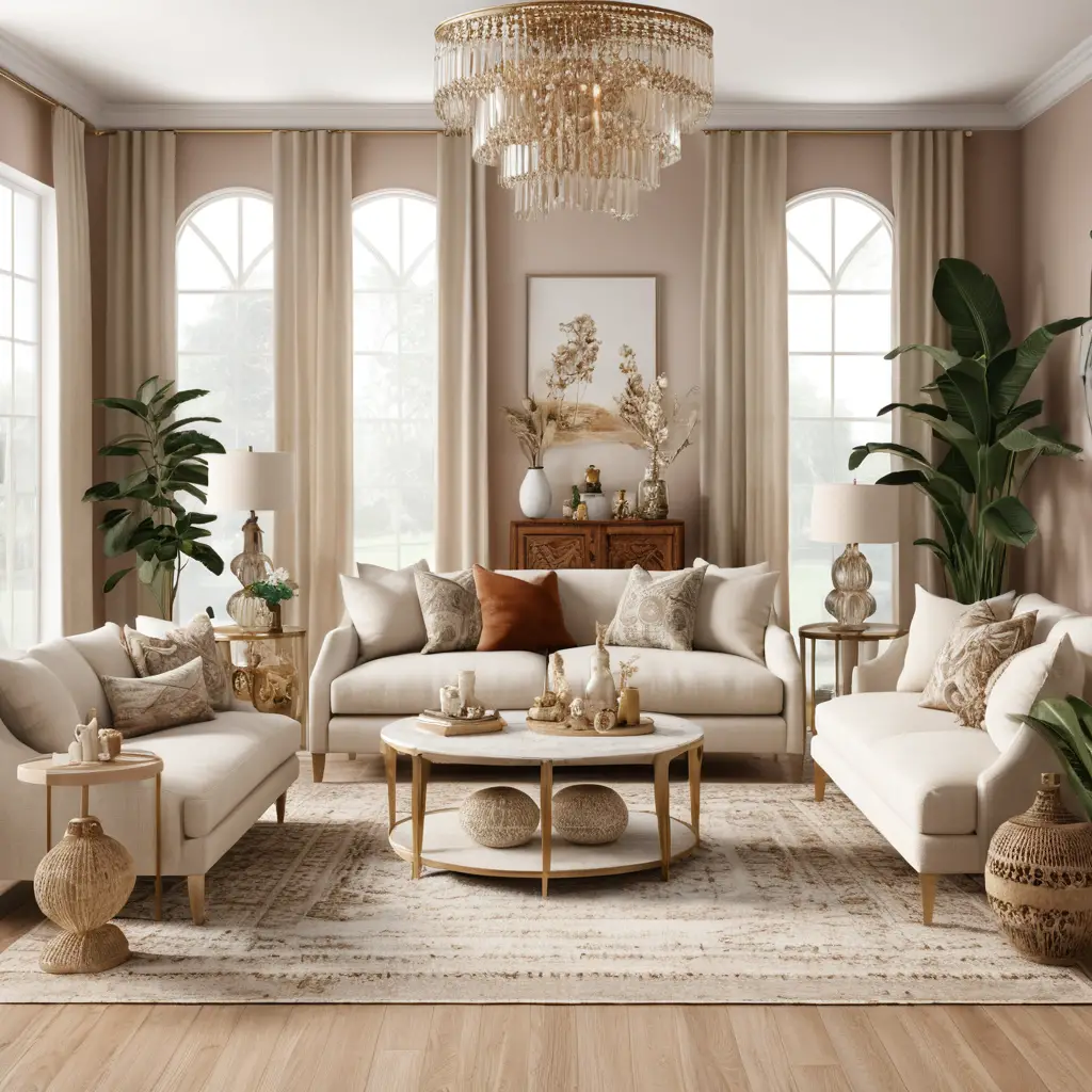 Bohemian living room with beige accents in 3D rendering