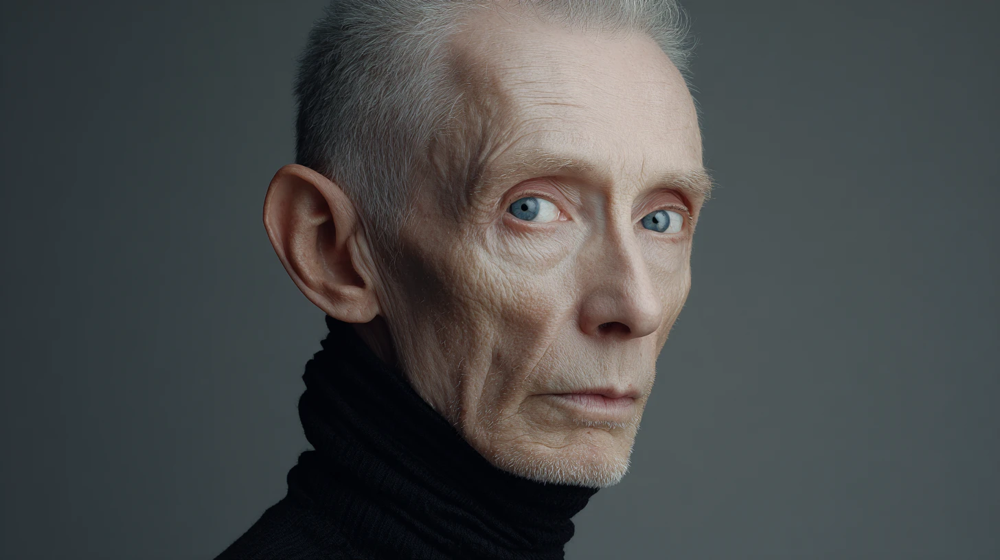 Serious older woman in black turtleneck studio portrait