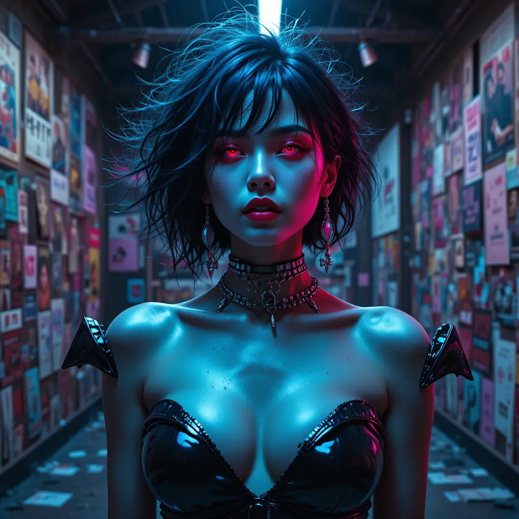 Kinematisches Fashion-Porträt einer neonbeleuchteten urbanen Muse