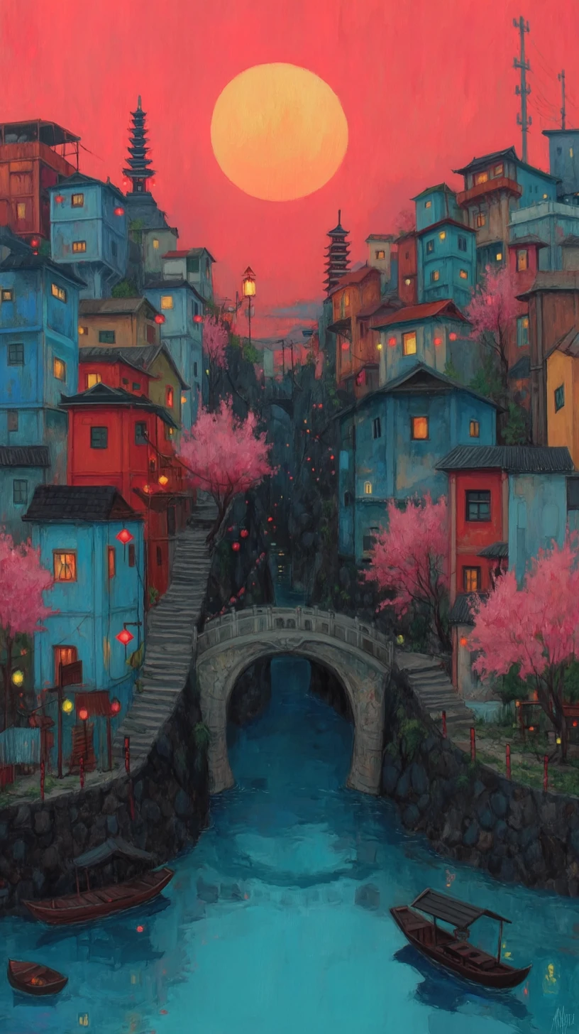 Ancient canal town at sunset with pagoda and boats
