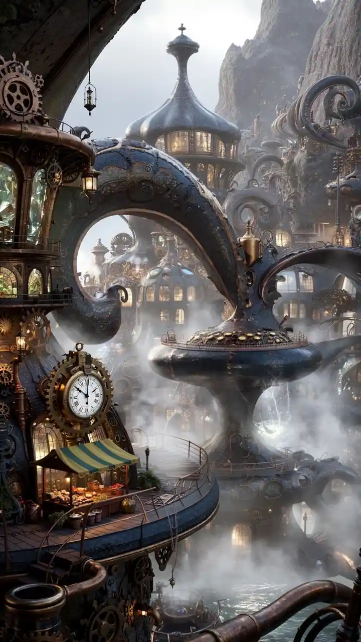 Vila Steampunk Fantástica de Arquitetura Metálica Orgânica