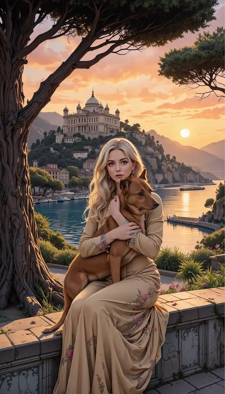 Young woman with dog under a birch tree at sunset