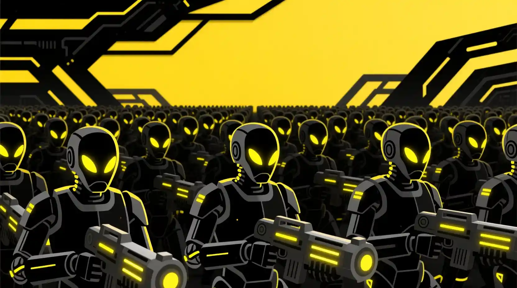 Futuristic Android Army Marching Under a Yellow Sky