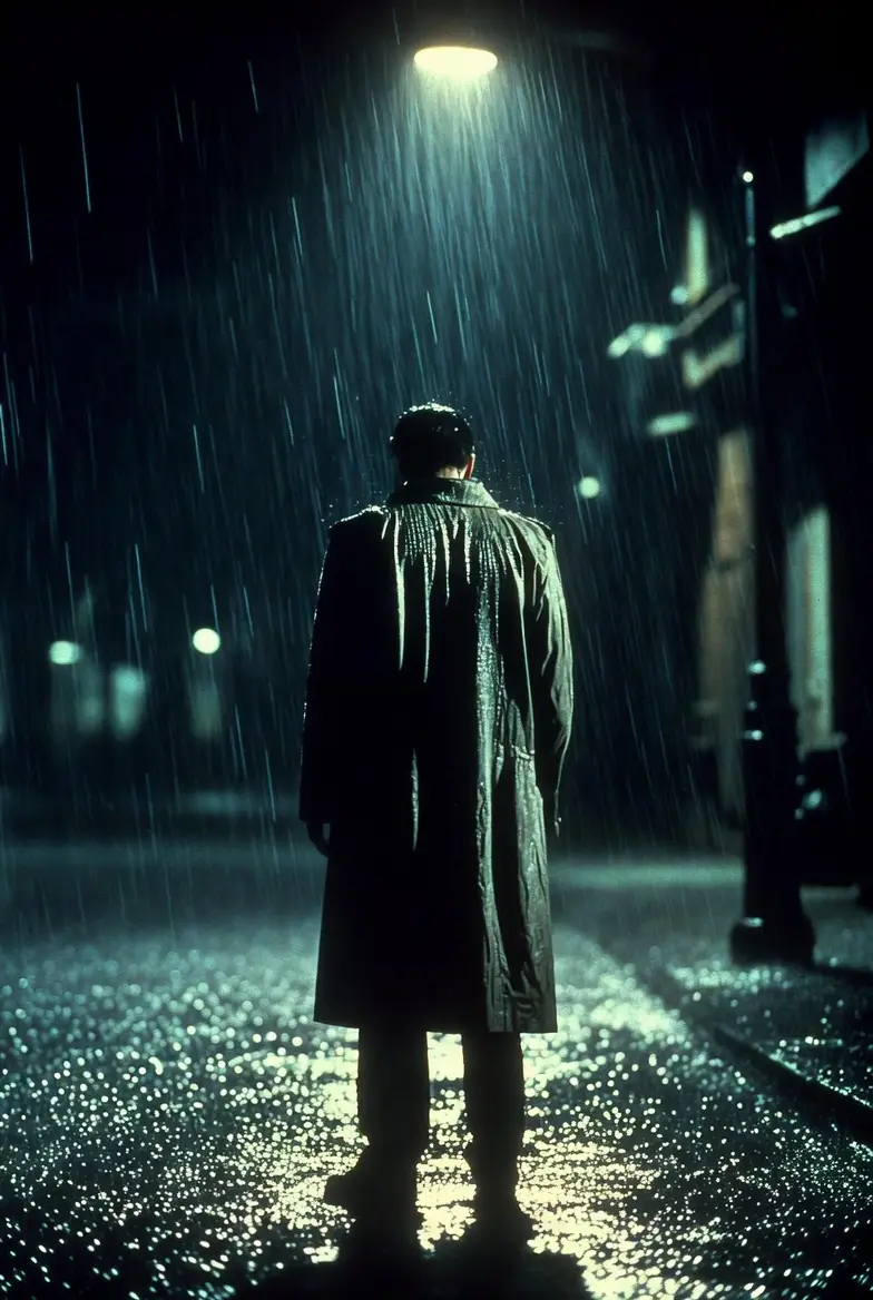 Detective Under A Flickering Street Lamp In Heavy Rain