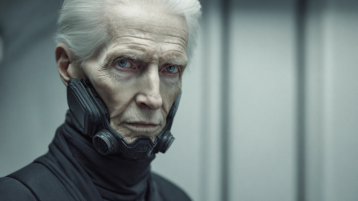 Futuristic old man in cyber suit aboard alien spaceship