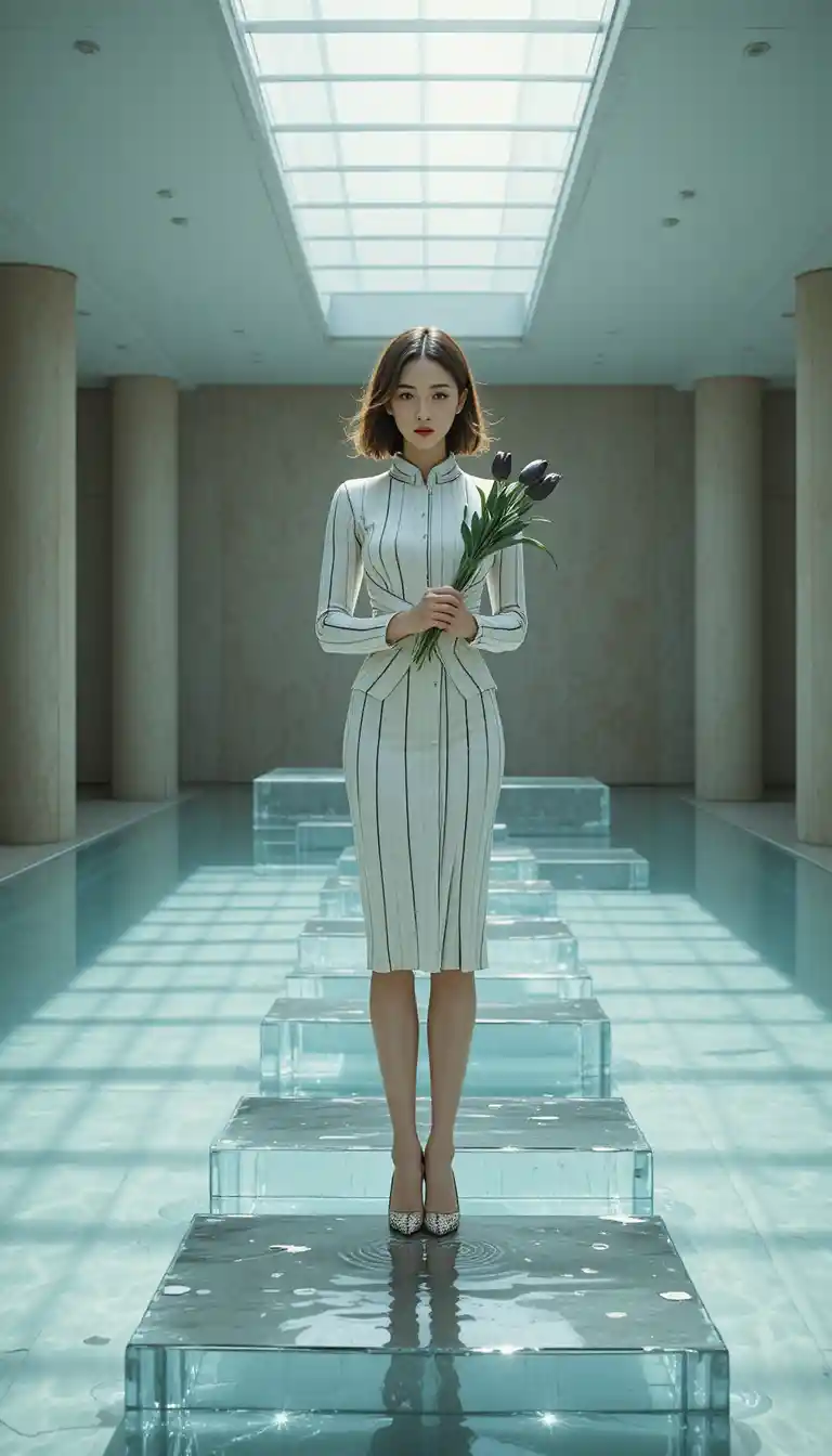 Asian model in white striped dress over reflective indoor pool
