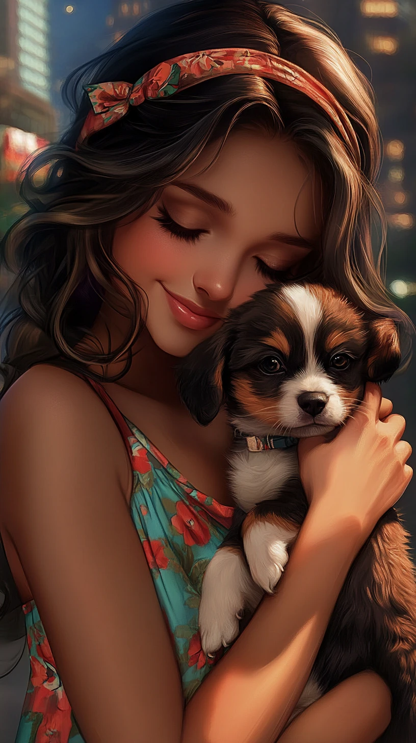 Anime girl hugging a puppy with a distant city skyline