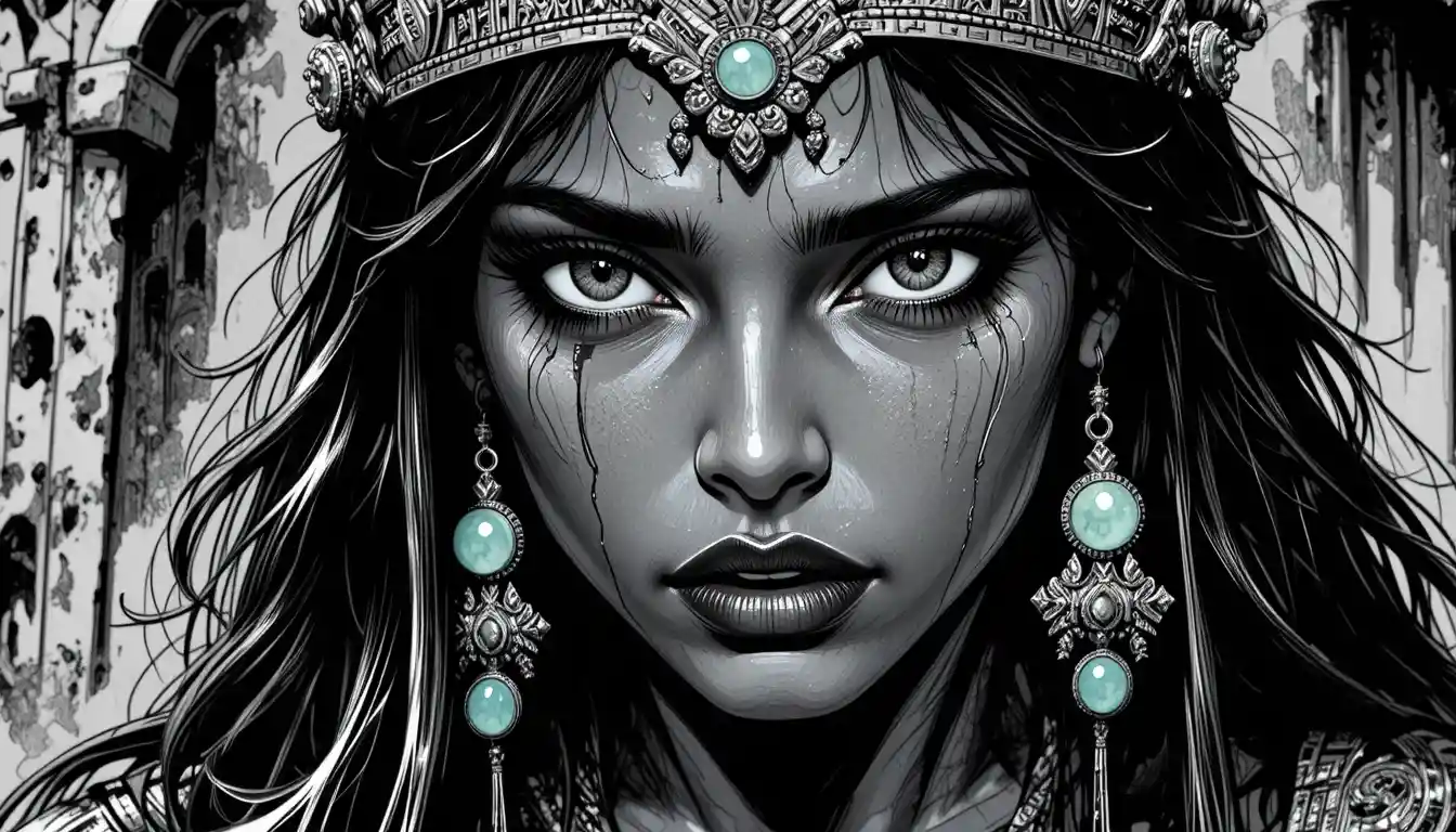 Tragic young priestess portrait in bold comic book style