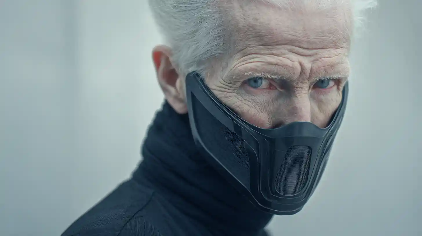 Serious old man in cyber suit inside futuristic spaceship