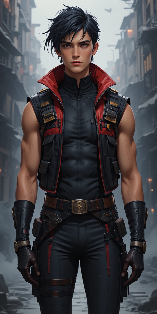 Clever young rogue anime man with scar and dark outfit