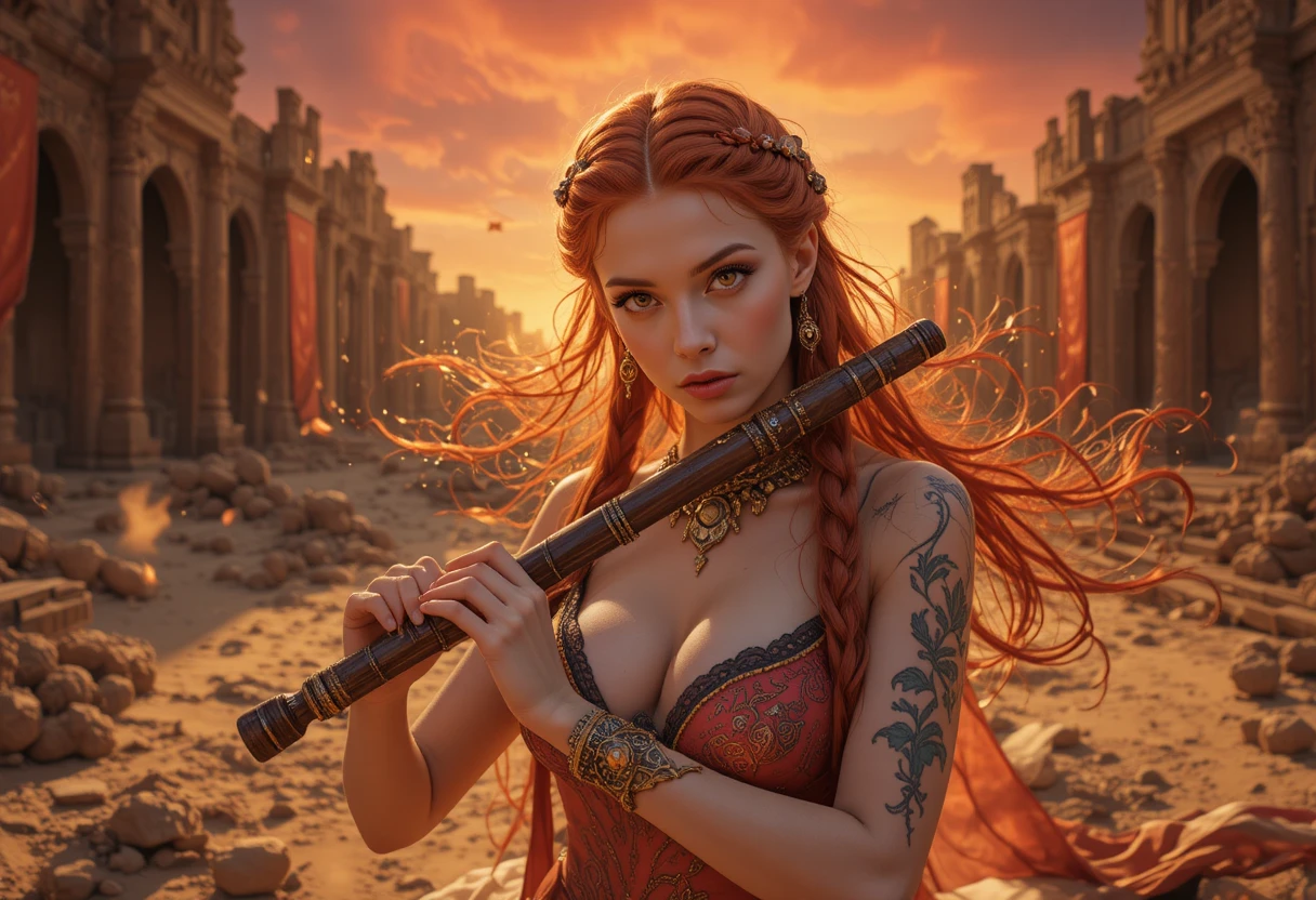 Fantasy redhead bard playing flute in desert ruins