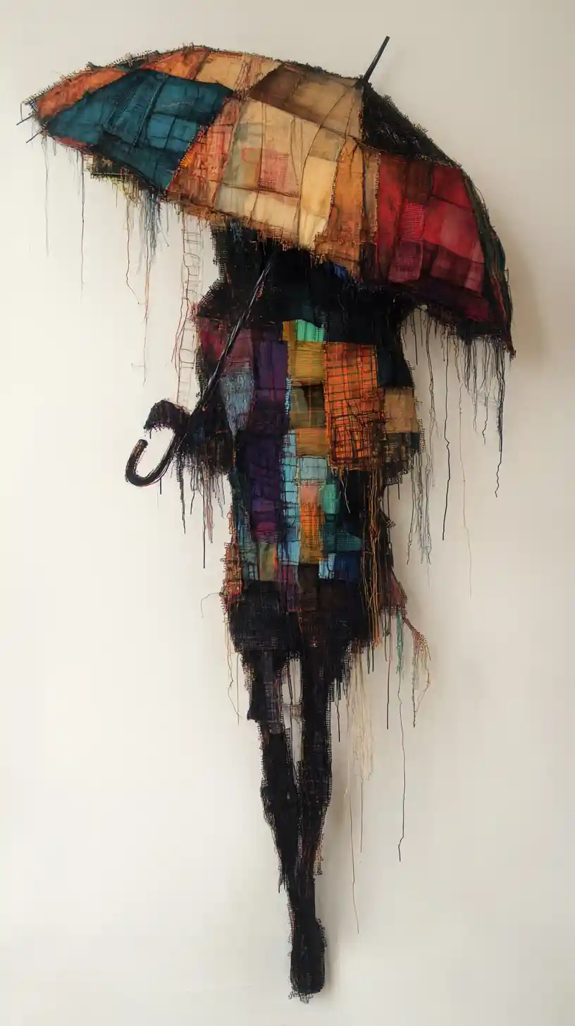Patchwork umbrella dissolving into digital glitch fragments