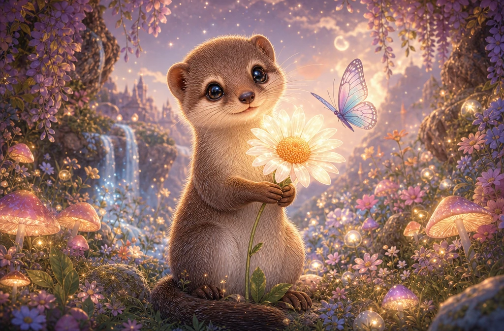 Süßes Mangustenbaby mit leuchtender Gänseblume in einer magischen Wiese
