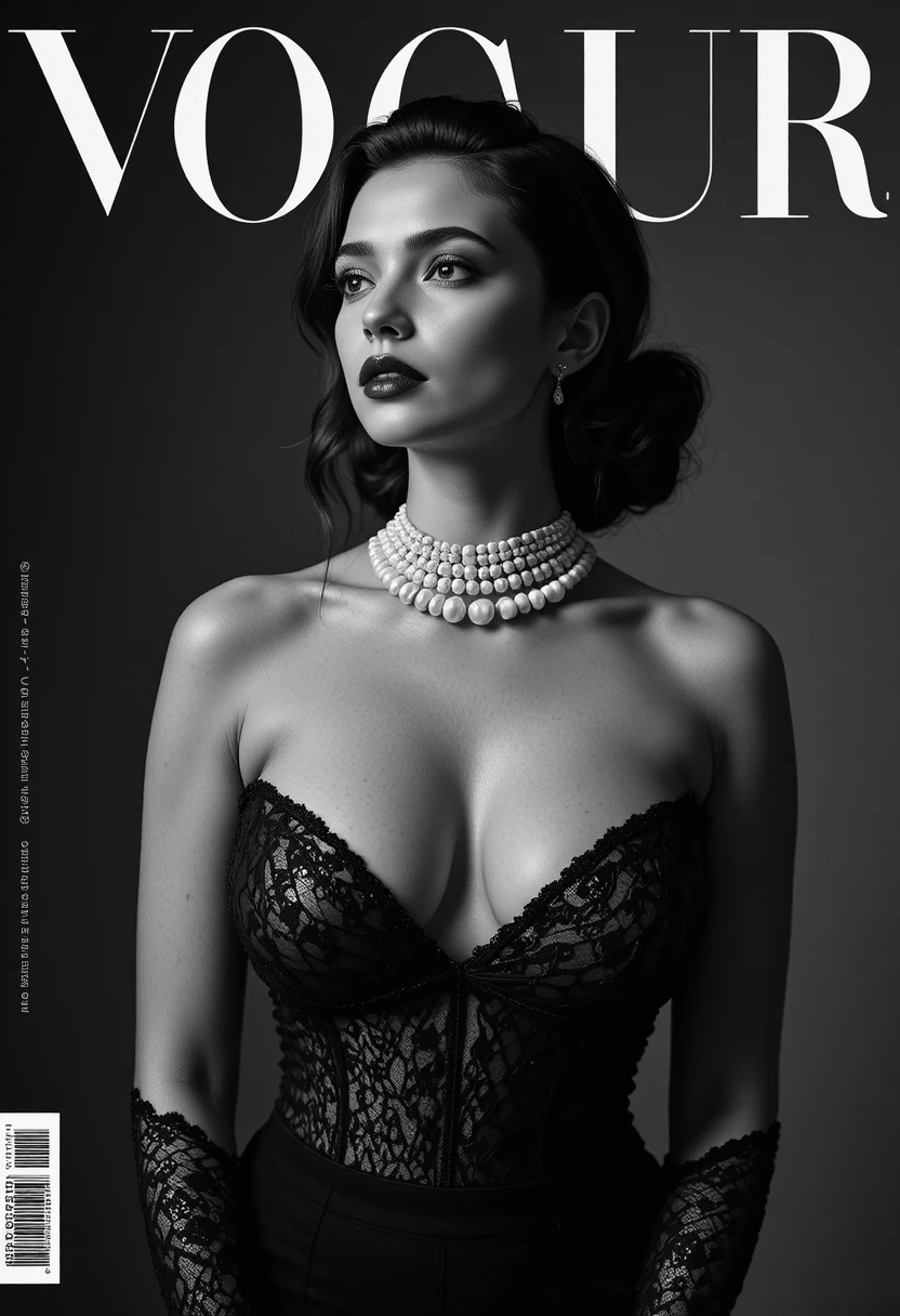 Elegant woman in pearls with lace gloves in dramatic light