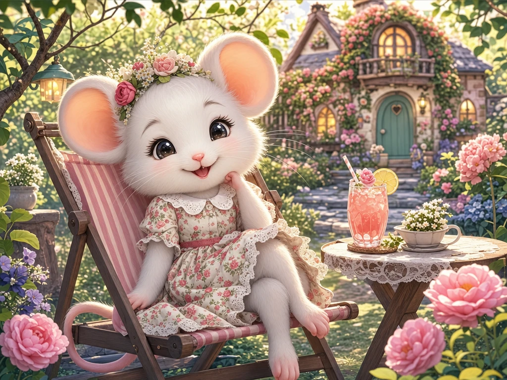 Cute white mouse relaxing in a floral garden deckchair