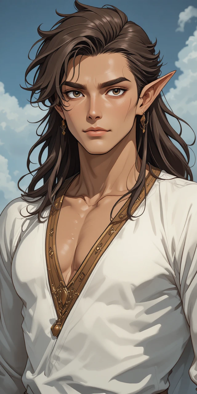 Tall anime man with brown skin and dragon tunic