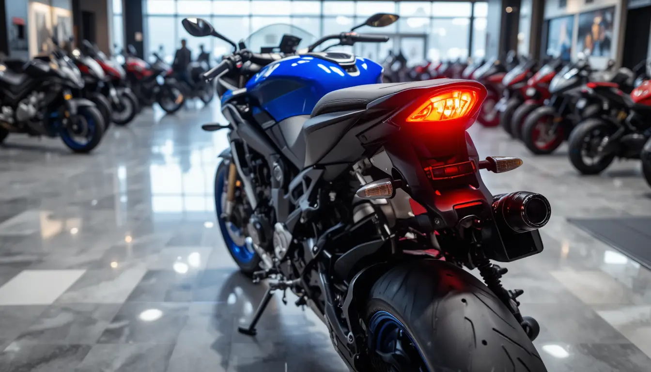 Rear view of a modern sport motorcycle in showroom