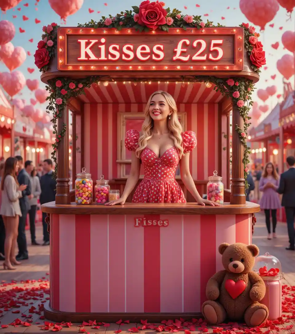 Glamorous woman at a valentine kissing booth carnival scene