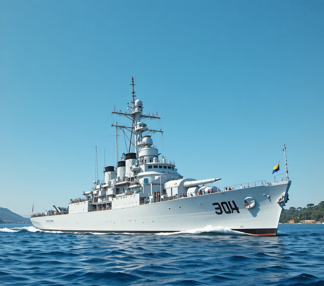 White warship marked F 904 sailing on calm blue water