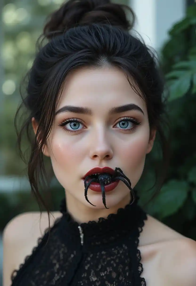 Woman with tarantula emerging from mouth and winking