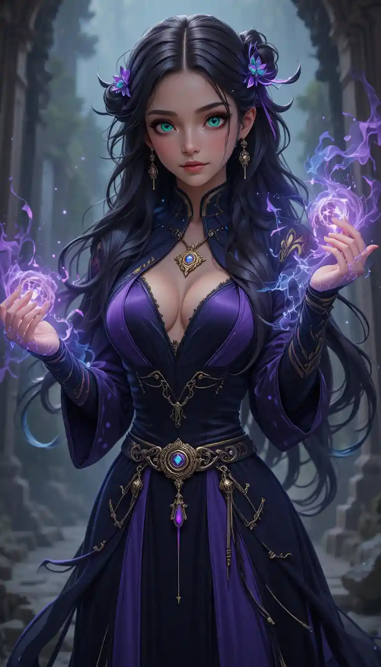 Anime sorceress with emerald eyes and glowing elemental aura