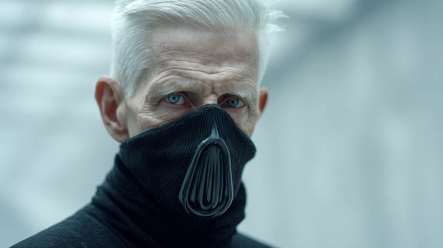 Futuristic old man in cyber suit aboard alien spaceship