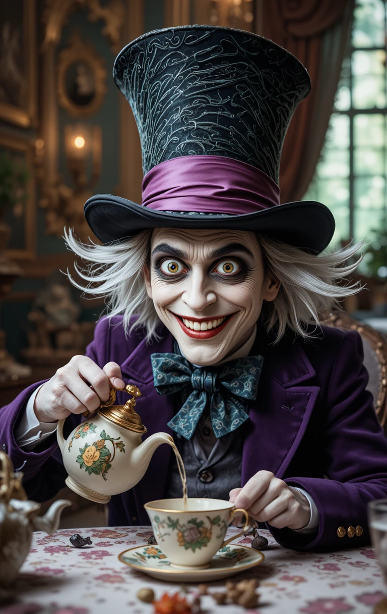 Eccentric pale man pouring tea at a haunted tea table