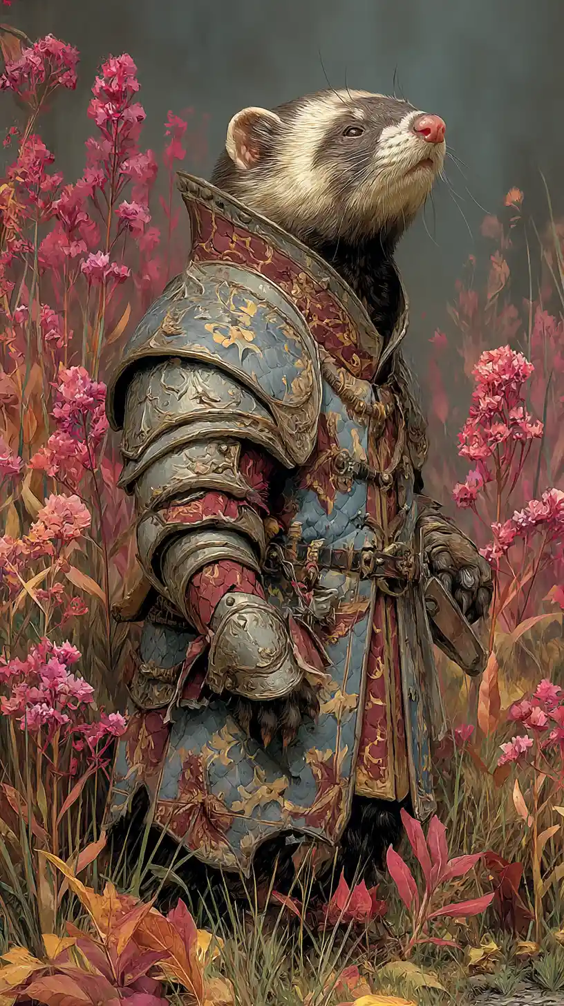 Armored ferret knight standing in an enchanted fantasy forest