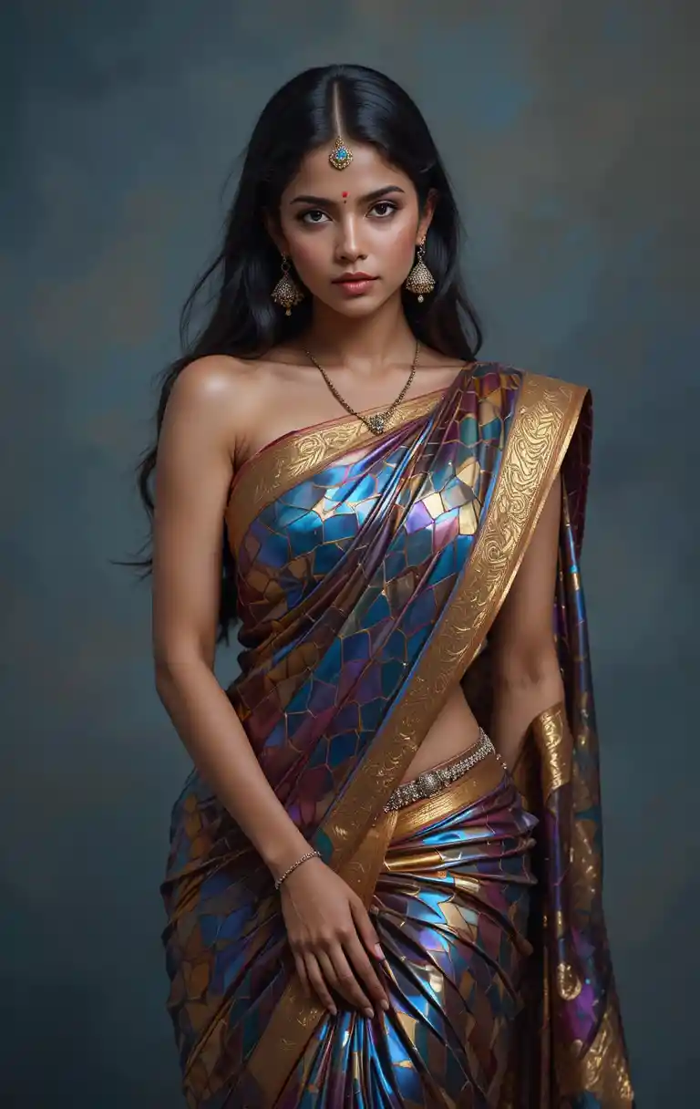 Tamil woman in modern saree with visible navel posing