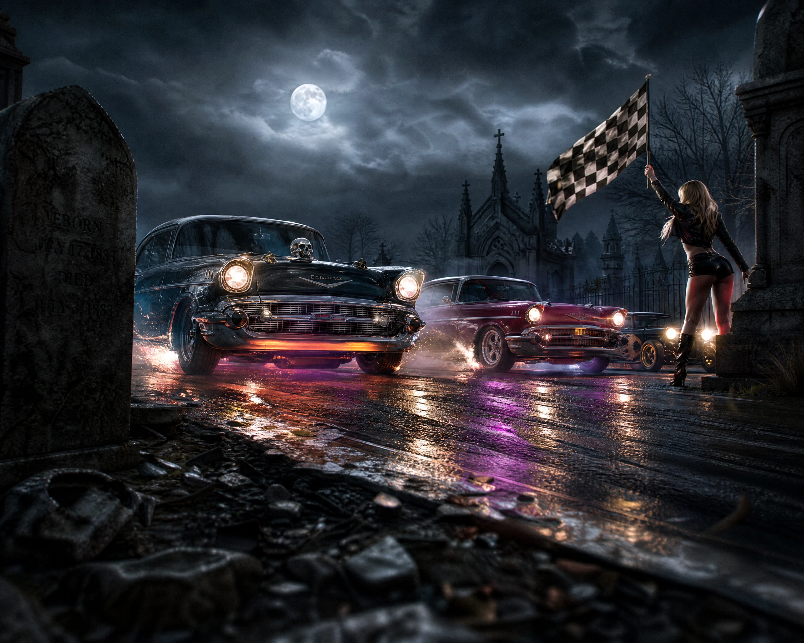 Night drag race between classic cars in a foggy cemetery
